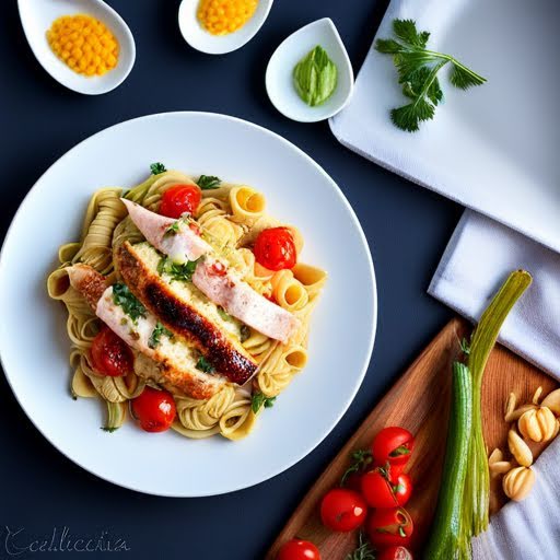 Pasta con pollo, calabacita y jitomate cherry de 193 Kcal