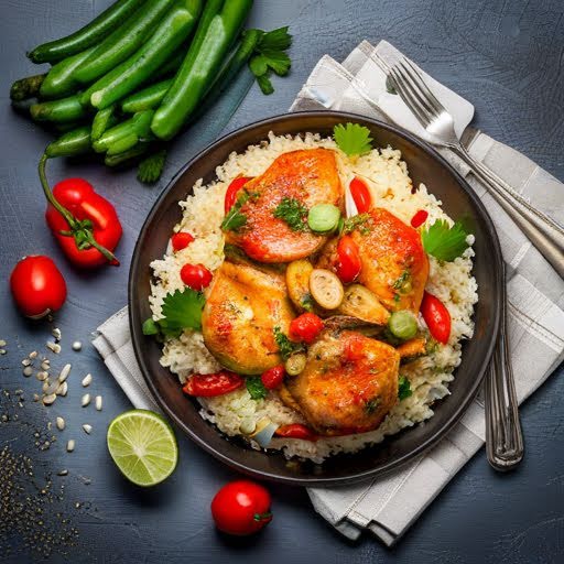 Pechuga de pollo con arroz integral y pimiento de 168.2 Kcal