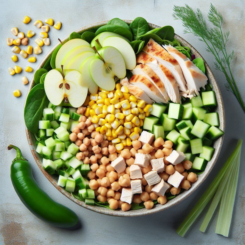 Ensalada verde con manzana, garbanzo, pollo y elote