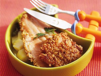 Filete de pescado con avena y verduras.