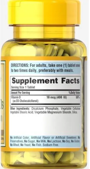 維他命D3 10 mcg (400 IU) 100 Tablets - 3
