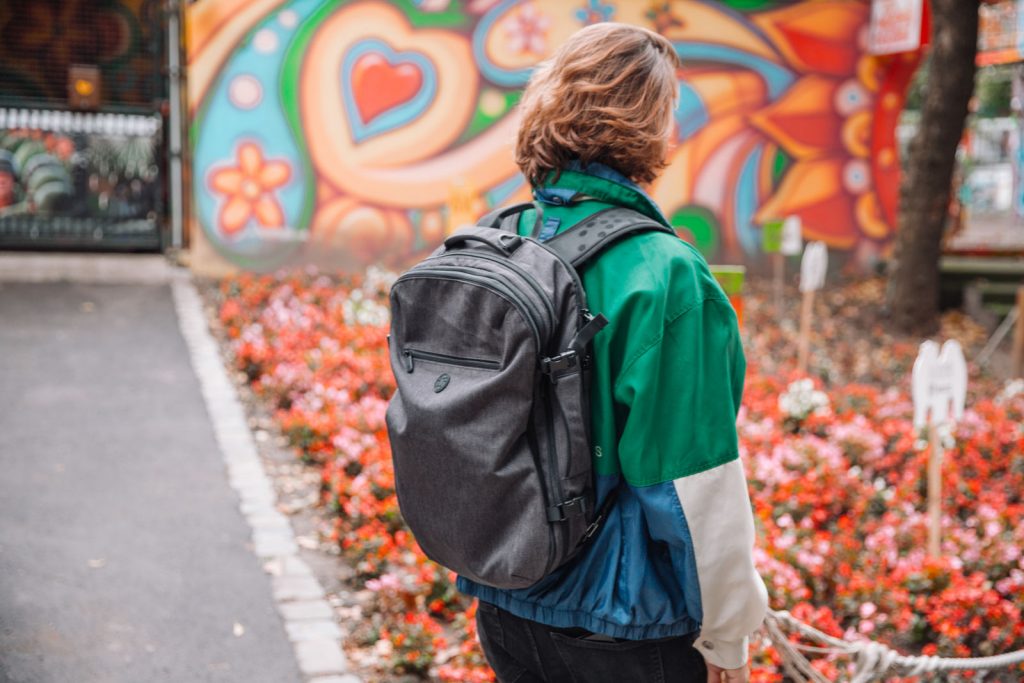 Traveller carrying a Tortuga Backpack in Portland