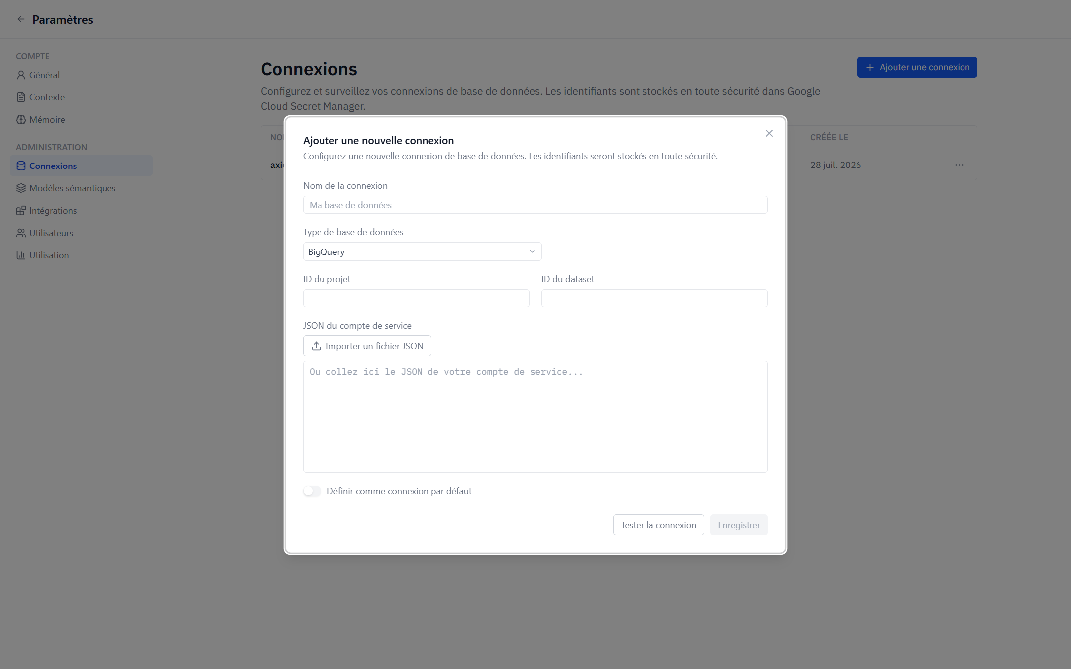 The Add Connection dialog set to BigQuery, with Project ID, Dataset ID and the service-account JSON upload.