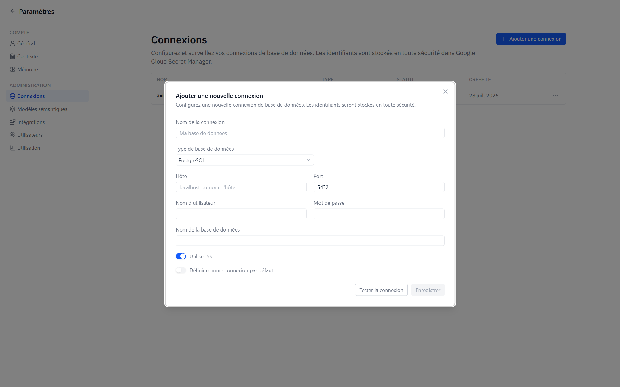 The Add Connection dialog set to PostgreSQL, showing host, port, database, credentials and the Use SSL toggle.