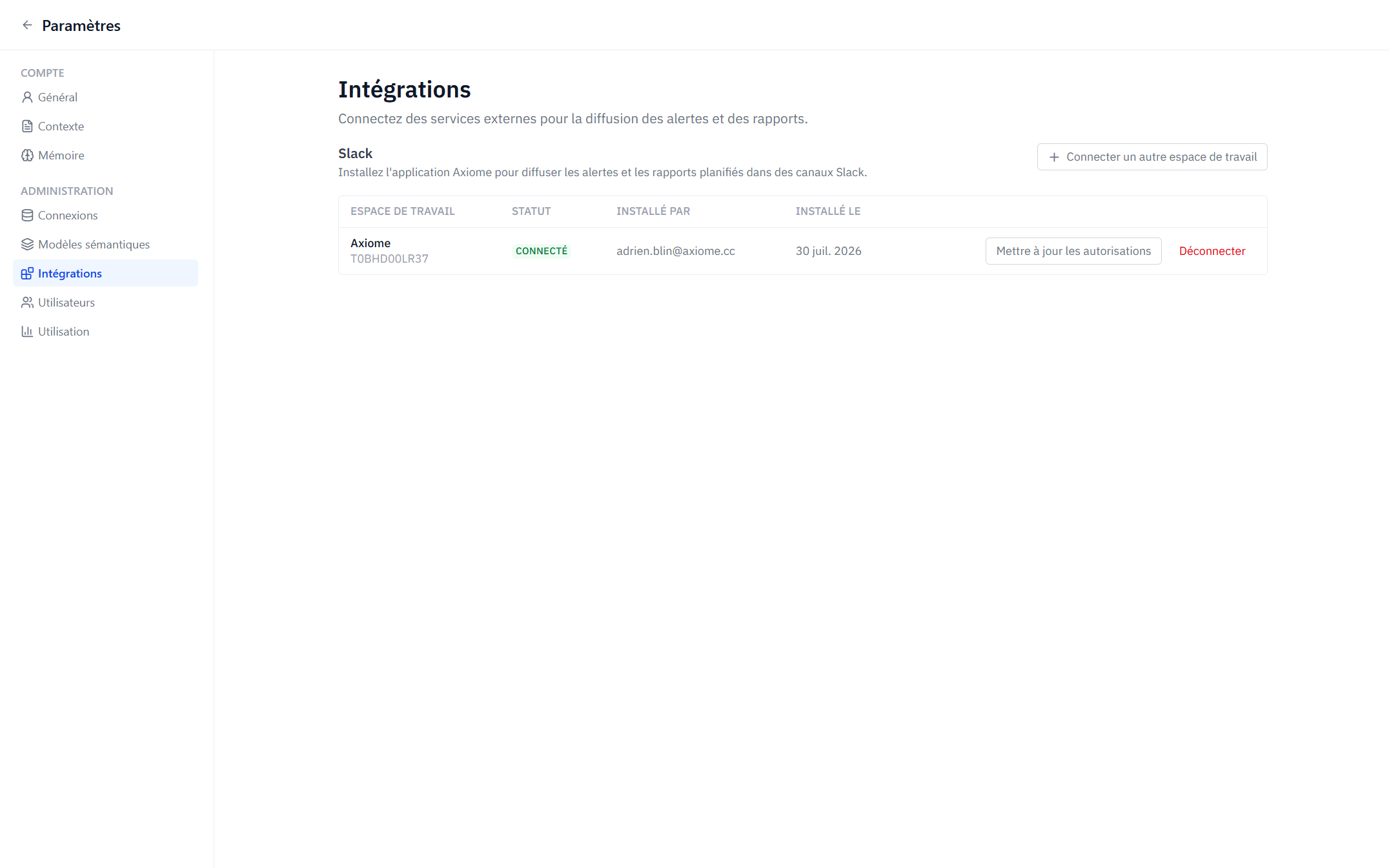 Settings → Admin → Integrations with one connected Slack workspace listed.