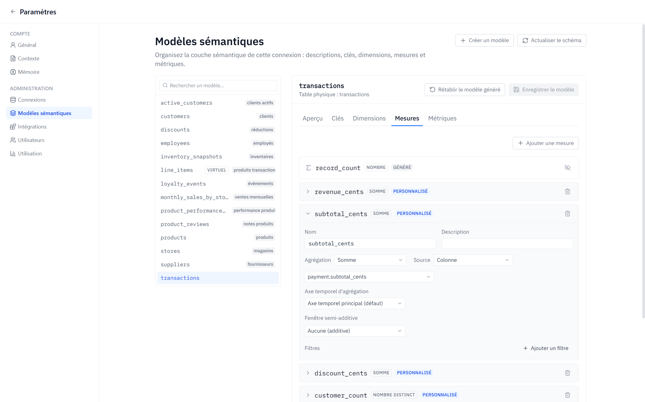 The Measures tab: a measure with its aggregation and an embedded filter.