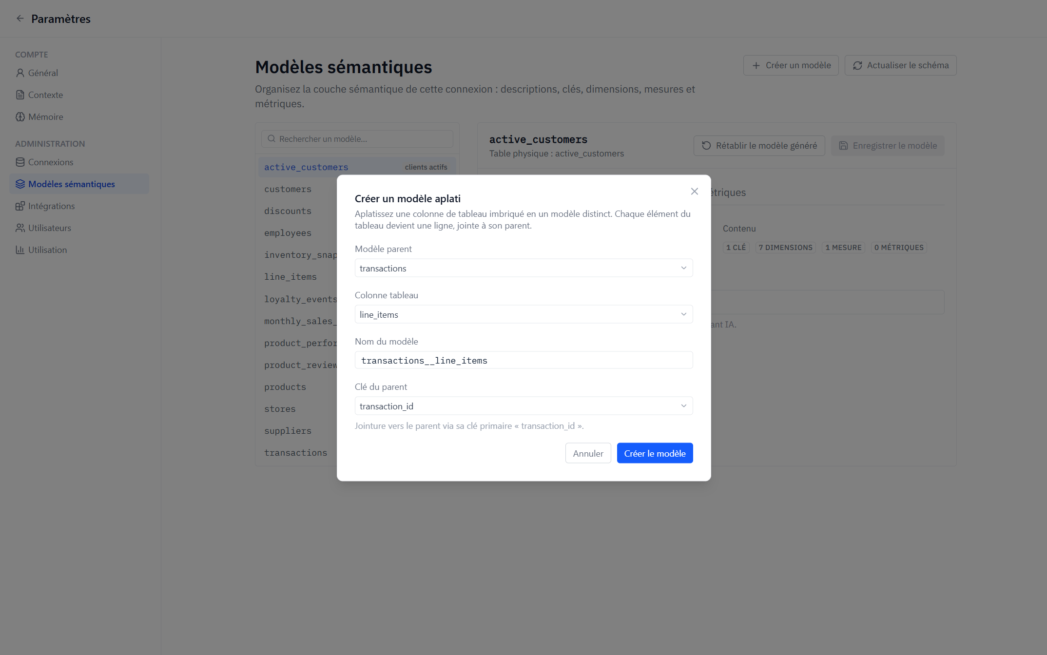 The Create a flatten model dialog, with a parent model, an array column and the parent key selected.
