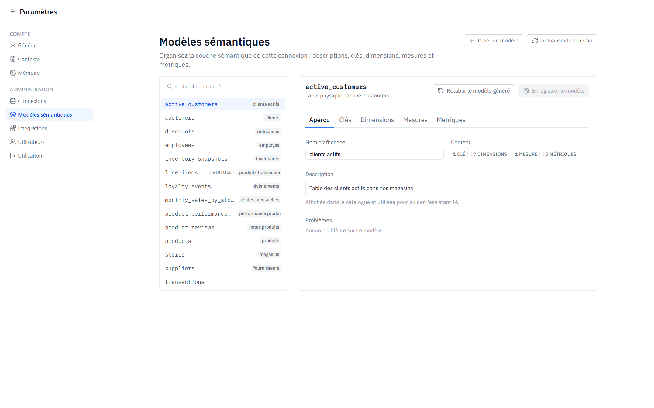 The Semantic models page: model list on the left, the Overview tab open with a model's description filled in.