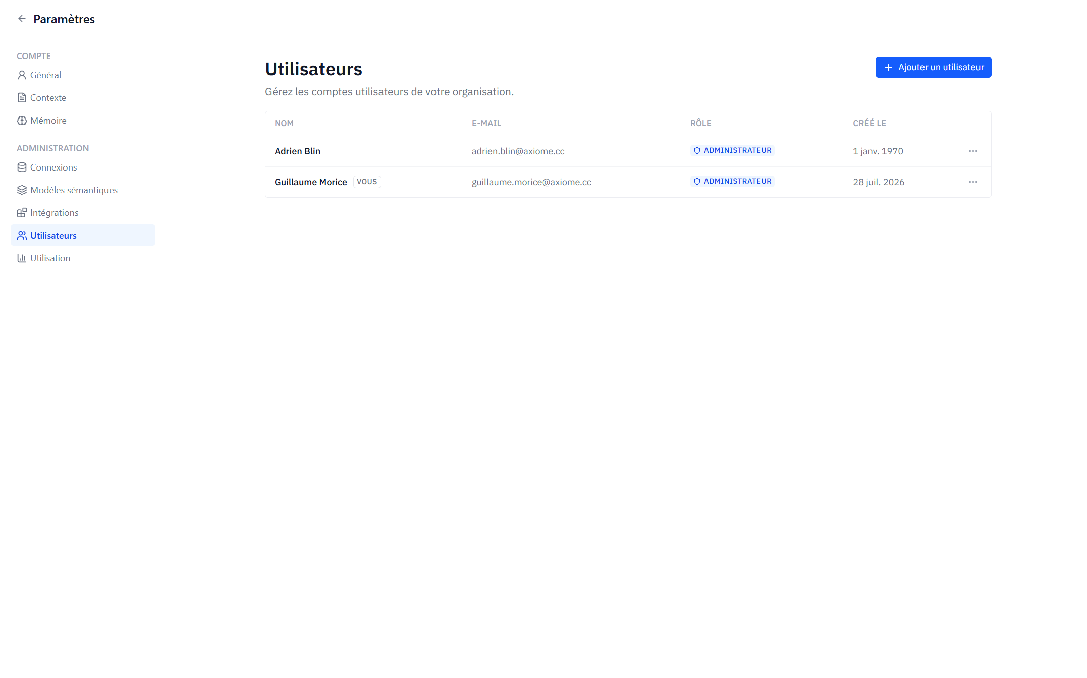 The Users page listing members with their roles and creation dates.