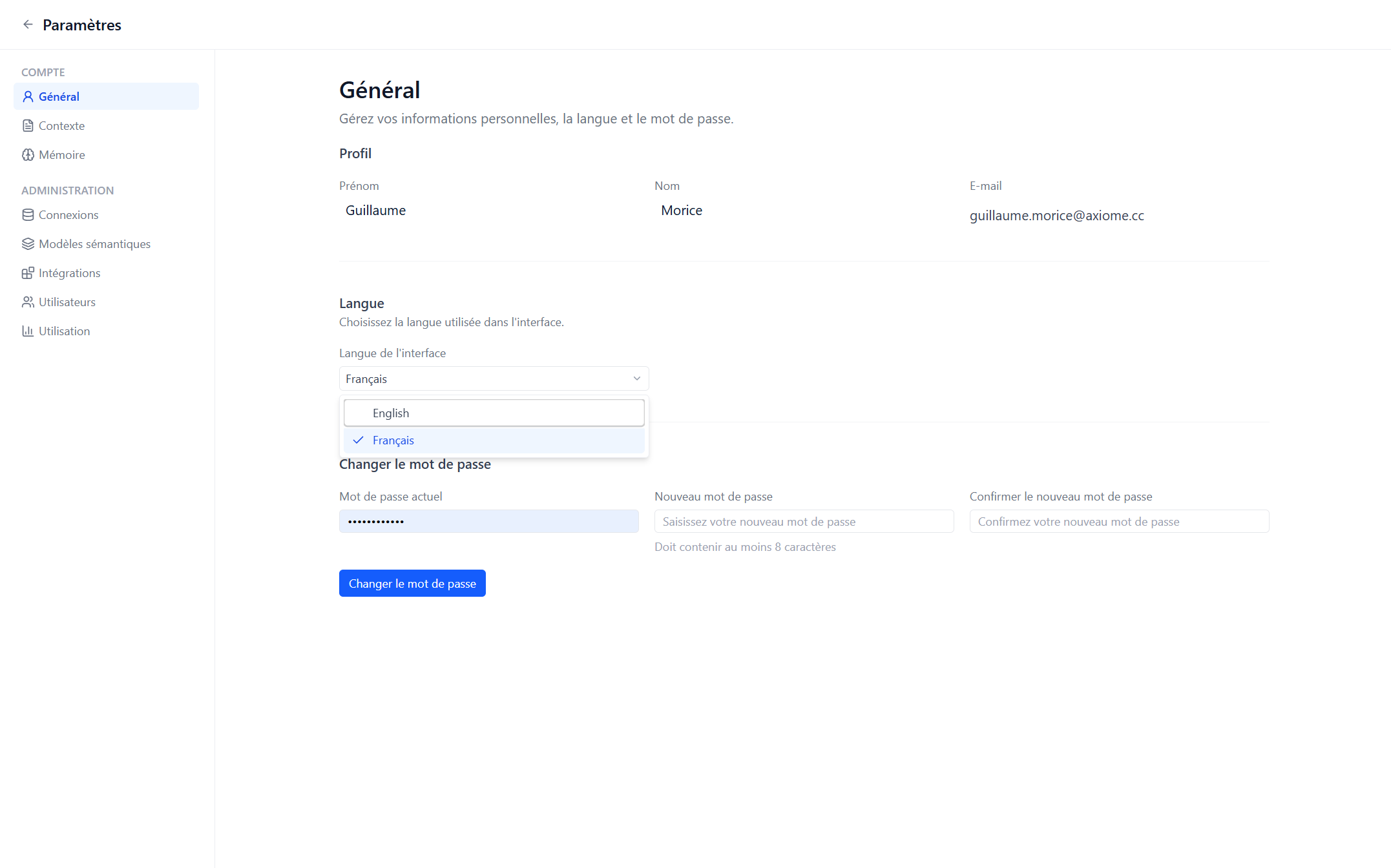 The Settings → Account → General page with the language selector open.