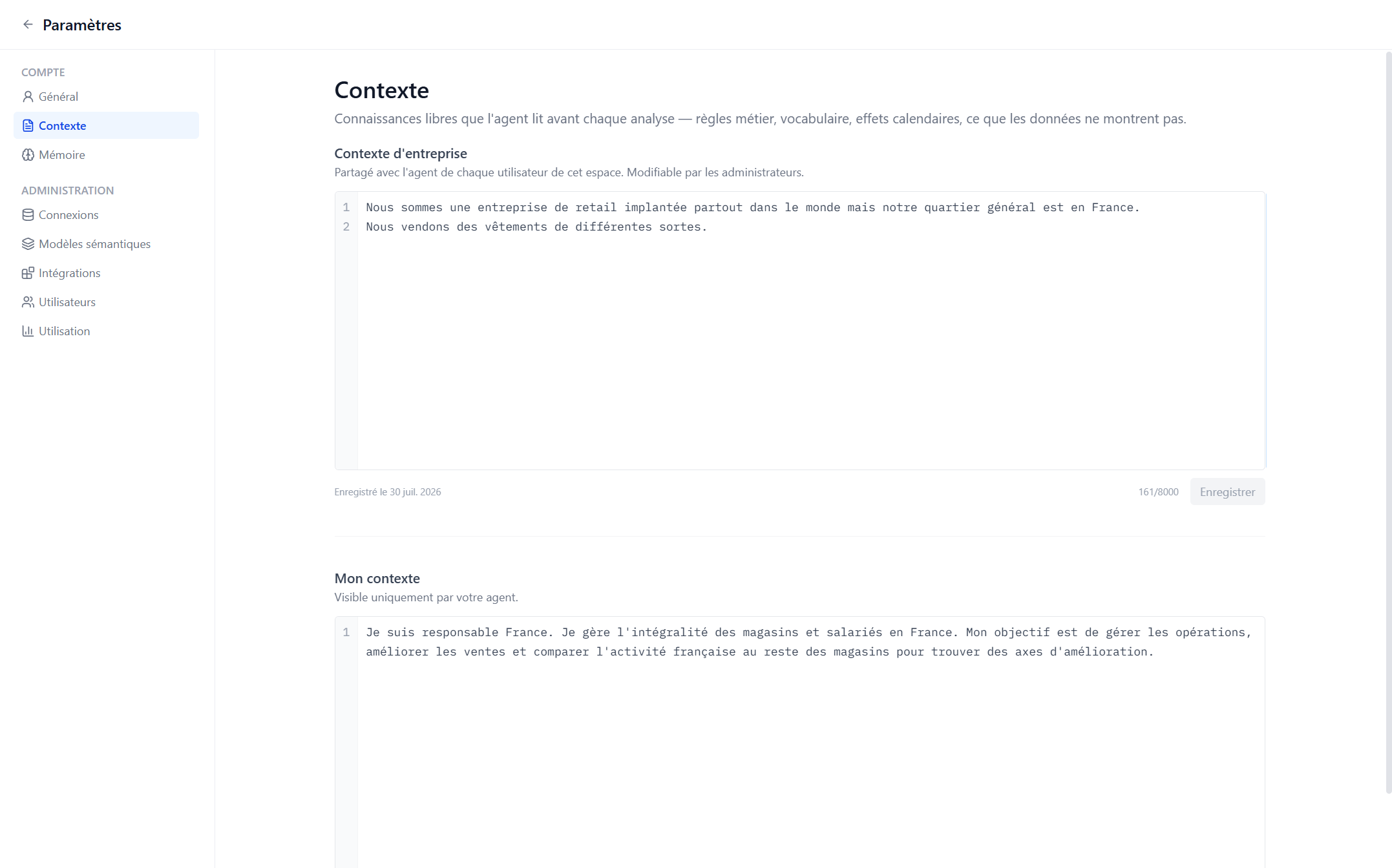 Settings → Account → Context with Company context above and My context filled in below.