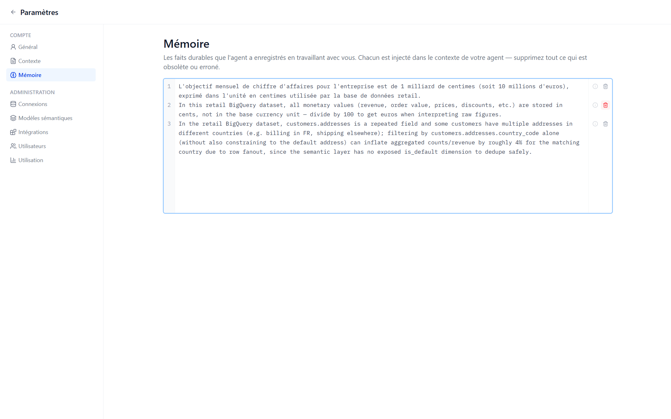 Settings → Account → Memory with several saved facts, one hovered showing its tooltip and delete icon.