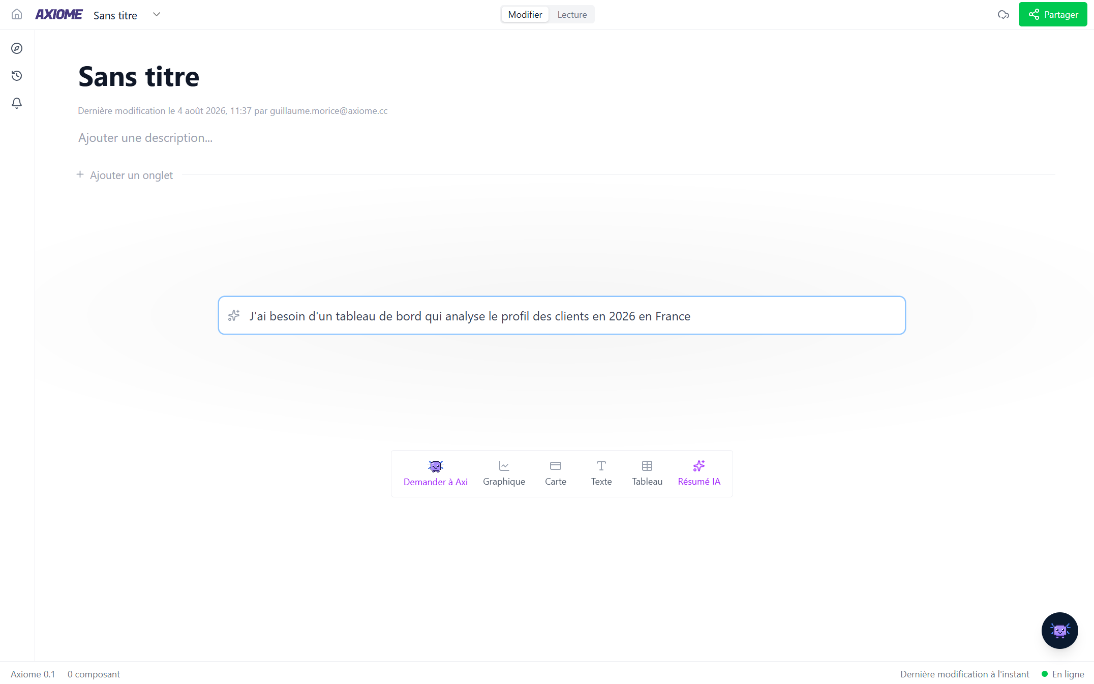 A freshly created dashboard with the Axi panel open and 2–3 widgets just generated.