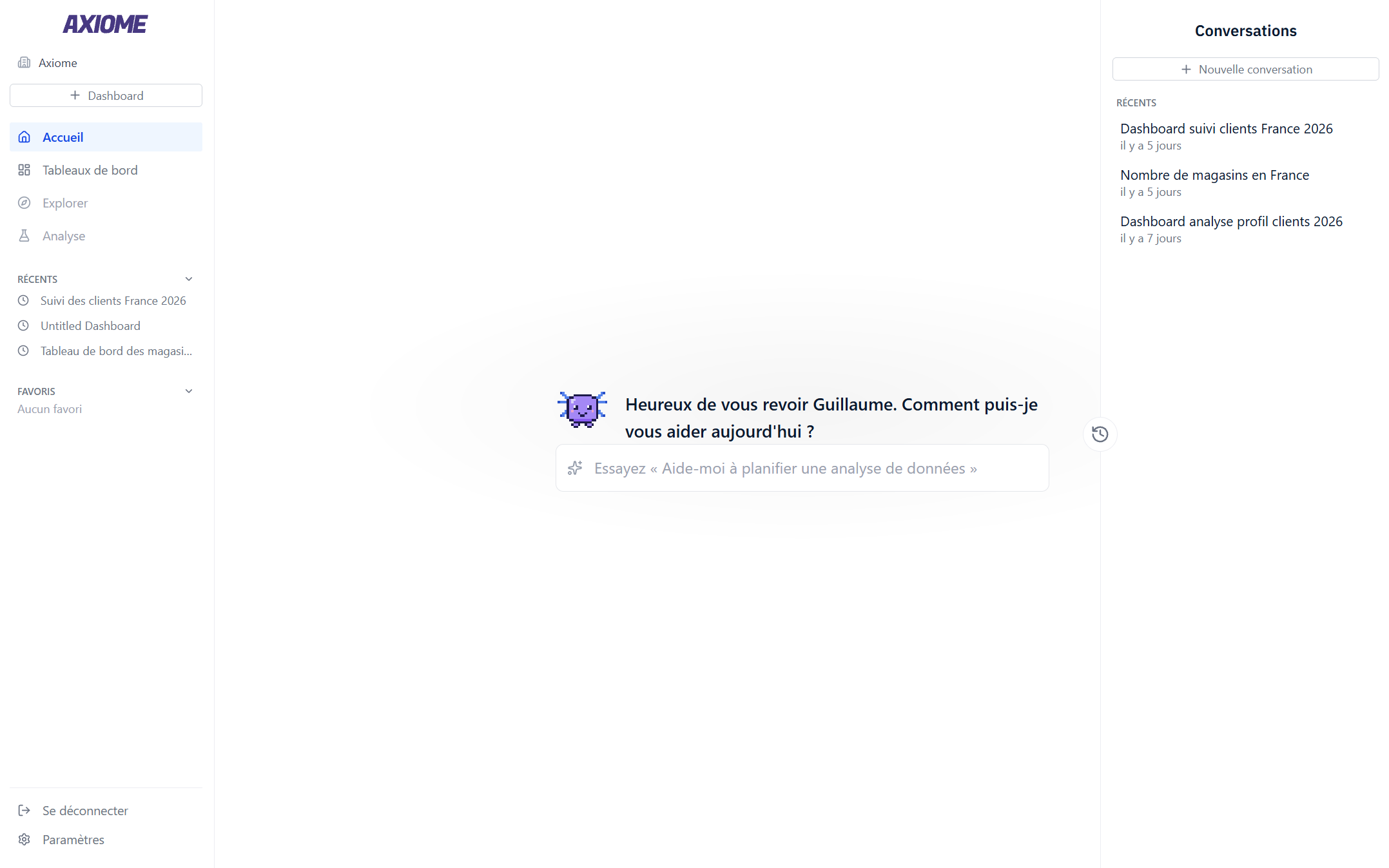 The Home page with the "Ask Axi anything..." box, sidebar visible, a few dashboards in the list.