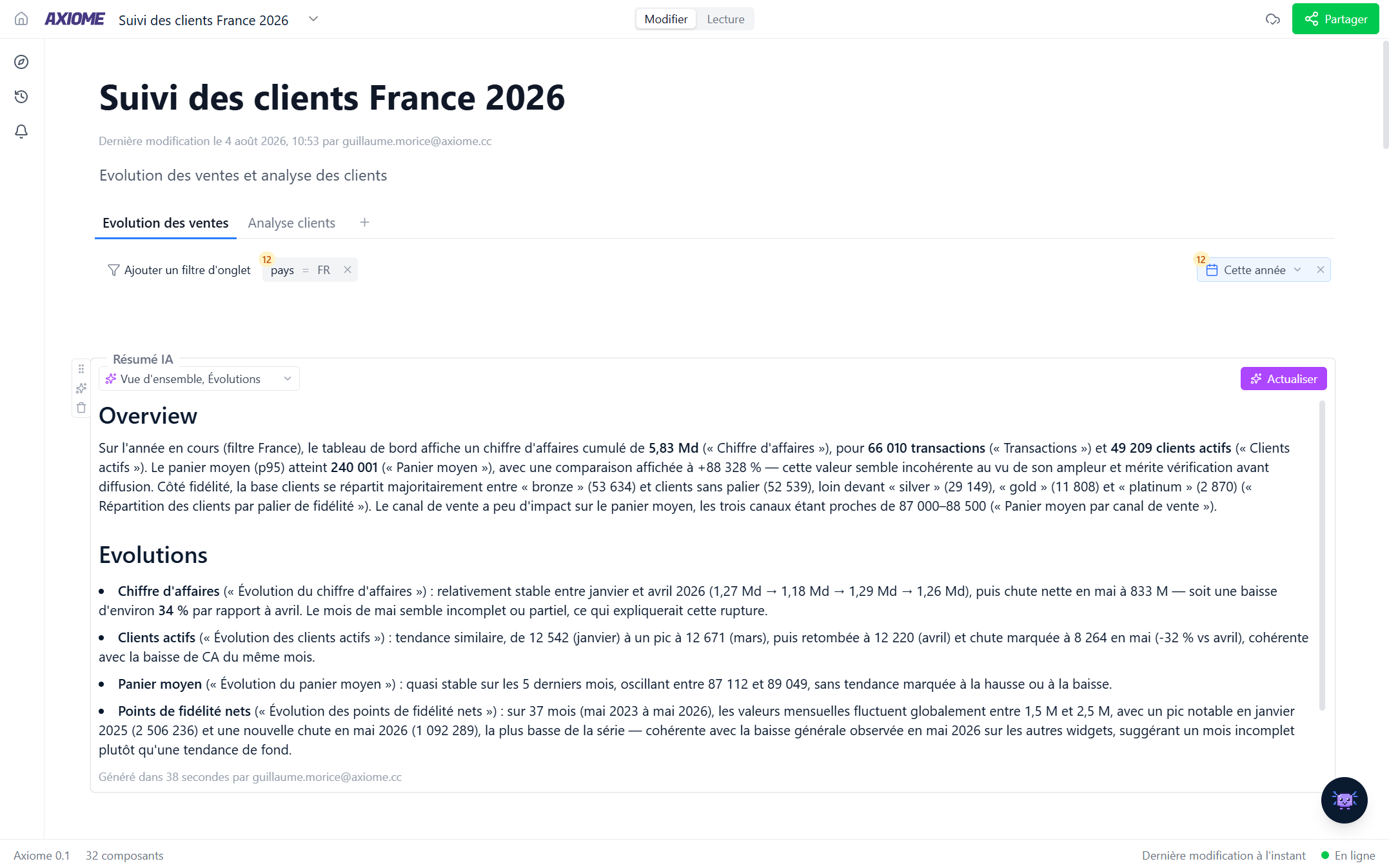 An AI summary component filled with text, its section chips and Refresh button visible.