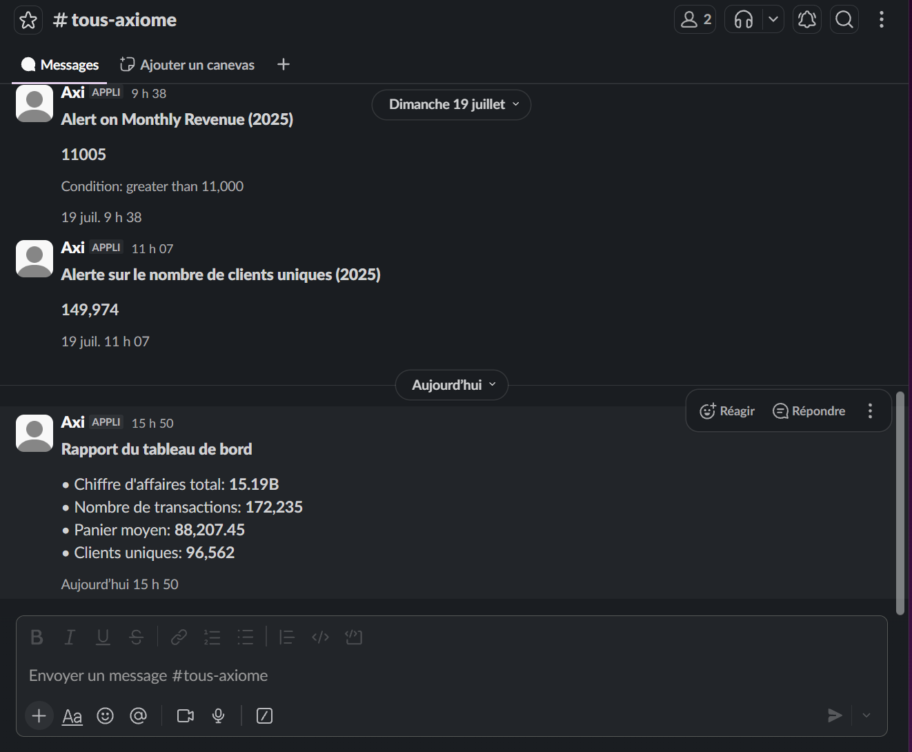 Une notification d'alerte, puis l'explication d'Axi sur la variation.