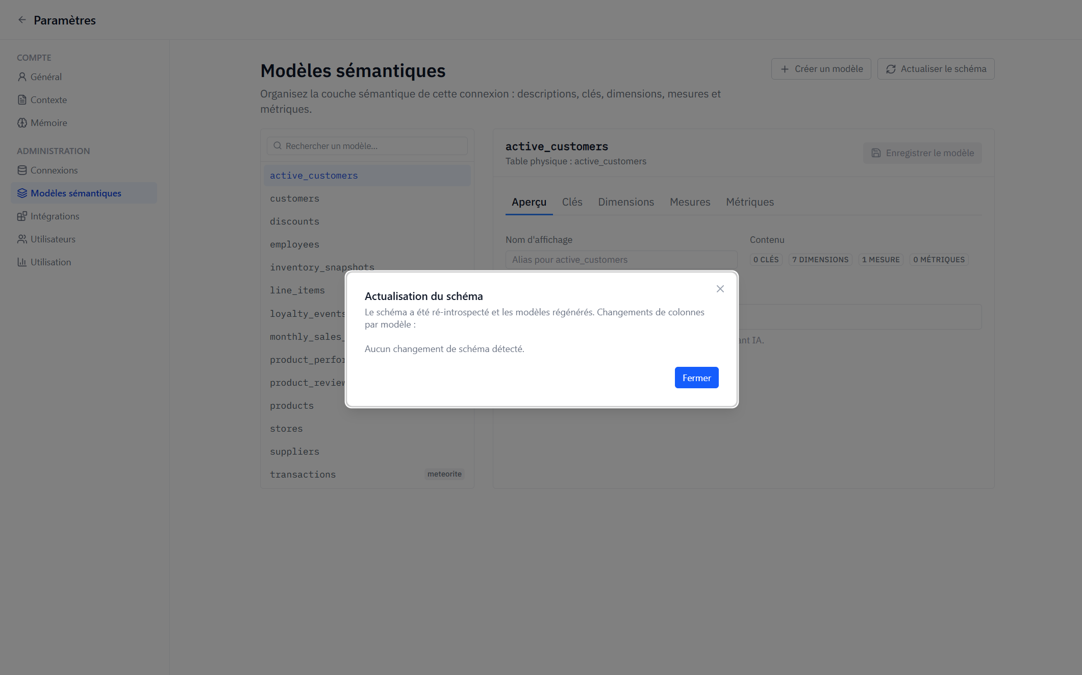 Le rapport d'actualisation de schéma, colonne par colonne.