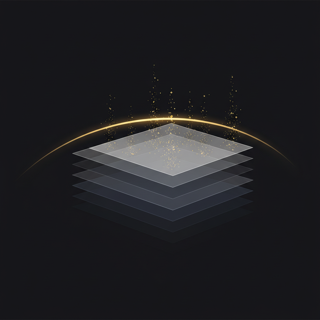 Abstract gold scanning beam evaluating layered geometric document planes with glowing particles rising from selected layers on a dark background