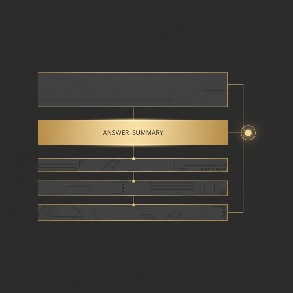 Hierarchical geometric content block layout with a highlighted answer section and gold connector lines on a dark charcoal background