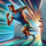 Athletic man with a colorful tattoo sprints through a crumbling wall. Blue and orange motion lines create a dynamic, energetic backdrop.