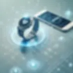 Smartwatch and smartphone on a futuristic blue background, displaying digital heart and waveform graphics, connected by glowing lines.
