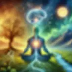 A silhouetted figure meditates under a glowing brain and moon, tree roots wind through a vibrant landscape of mountains and a stream.