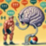 A muscular man faces a large, animated brain on a beach ball. The brain points angrily. Background: colorful speech bubbles on yellow. Mood: intense.