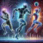 Three neon-outlined figures running, one holding a basketball. Their brains glow, set against a circuit board and heartbeat line background. Energetic mood.