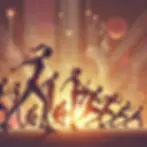 Silhouettes of runners in action against a glowing, abstract background with musical notes and lines. Warm, energetic tones.