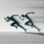 Two abstract figures sprint on lined ground, creating a sense of speed and competition. Grayscale tones enhance the dynamic, energetic mood.