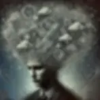 Surreal image of a person in a suit with clouds and geometric patterns spiraling from their head. Numbers and symbols float around, evoking thought.