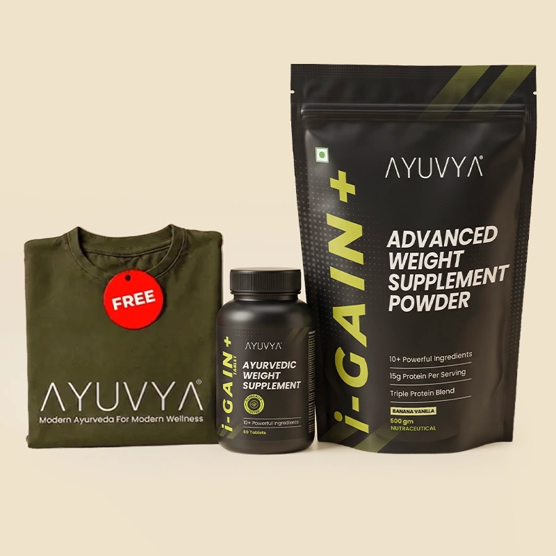 Ayuvya i-Gain+ Tablets and Weight Gain Powder 500gm Combo + Free T-Shirt