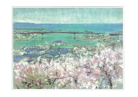 桜咲く日和山からみた風景