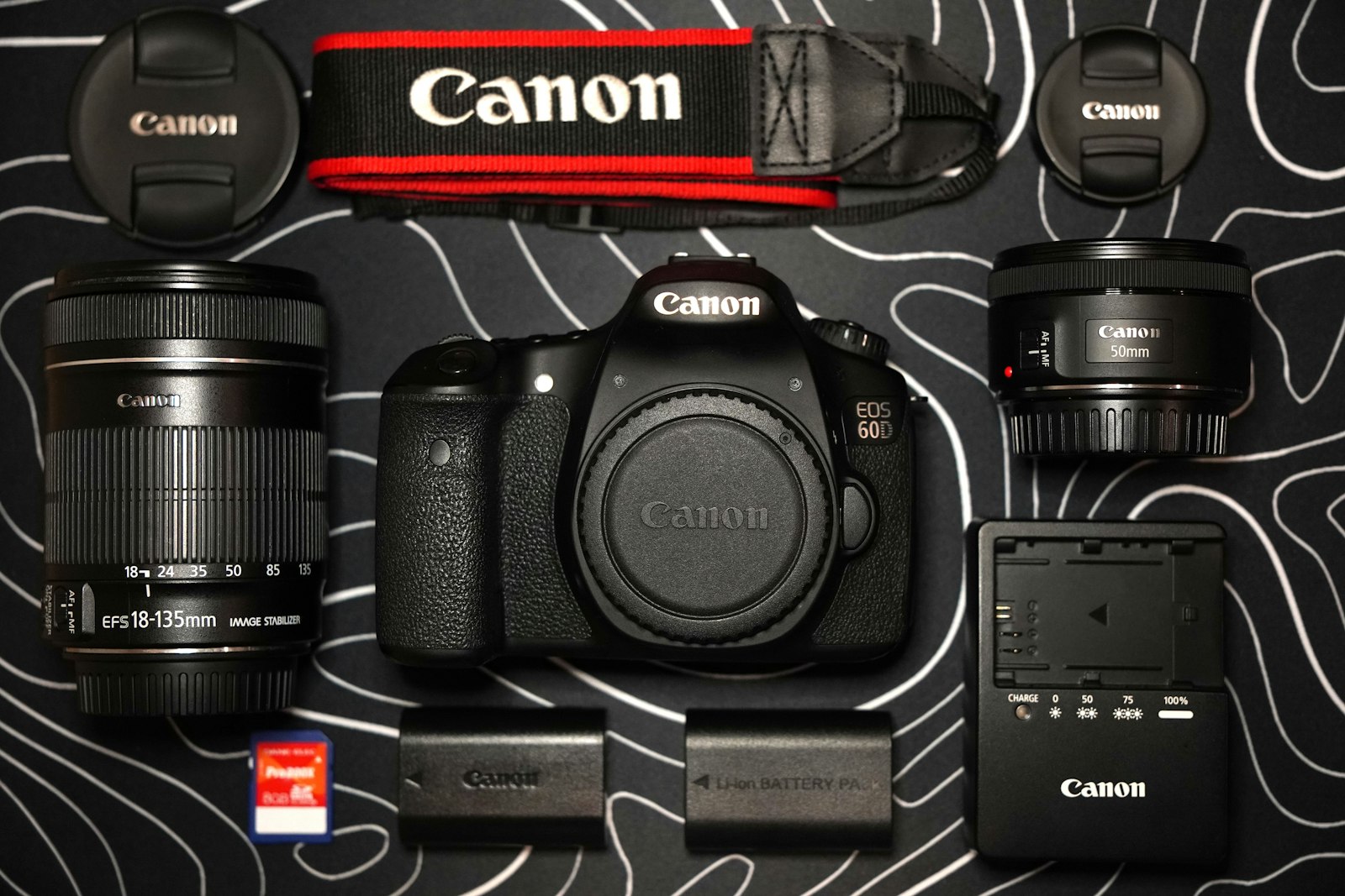 modern Canon DSLR camera body with lenses, battery, and accessories arranged on a dark patterned surface