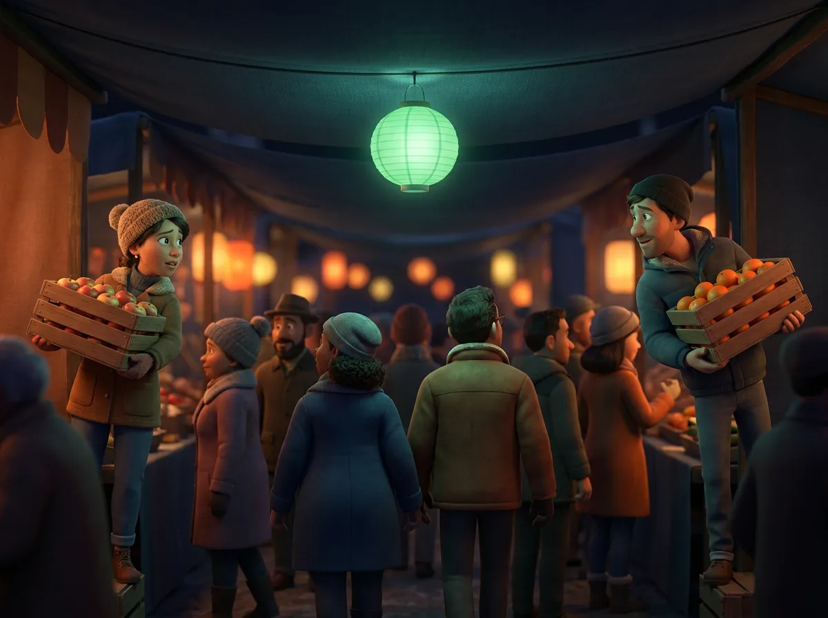 A crowded night market where two traders on opposite sides are looking for each other and cannot see through the crowd.