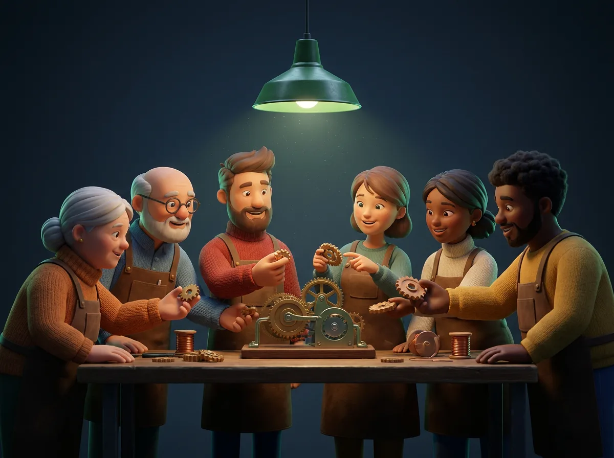 Six people from different places around one workbench, building something together by lamplight.