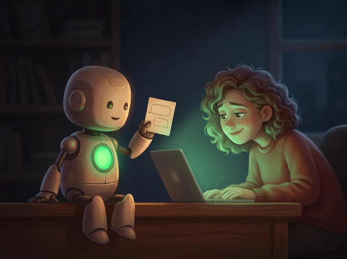 A small friendly robot sitting on a desk beside one person, holding a card with two names on it.