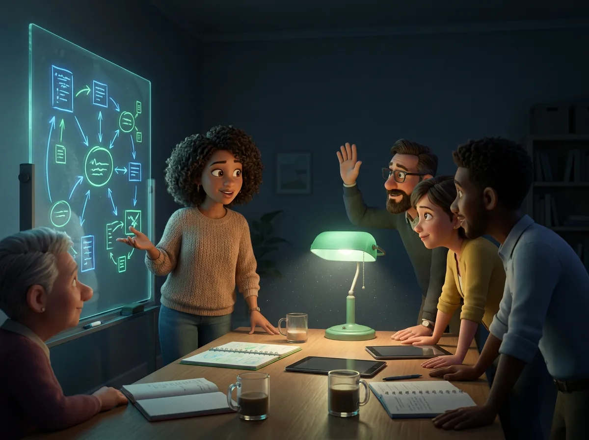 One person at a whiteboard explaining a diagram to five others around a table at night.