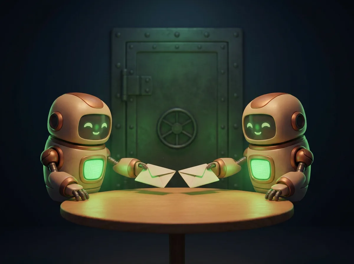 Two small robots alone in a sealed room, each holding a sealed envelope, comparing them over a table.