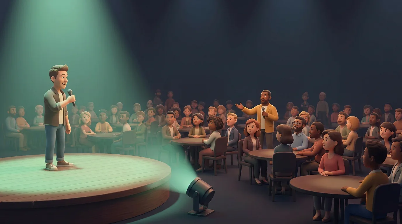 A speaker on a low stage in a dark hall, a few hundred people at round tables listening.