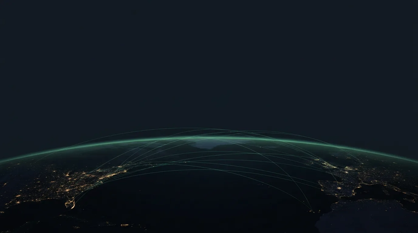 The night side of the Earth from orbit, city lights along the coastlines and fine green lines arcing between them.