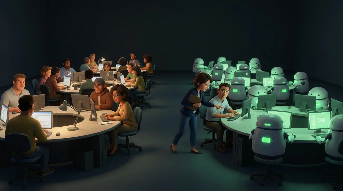 A night operations room where half the desks are worked by people and half by small machines, one supervisor walking the line between them.