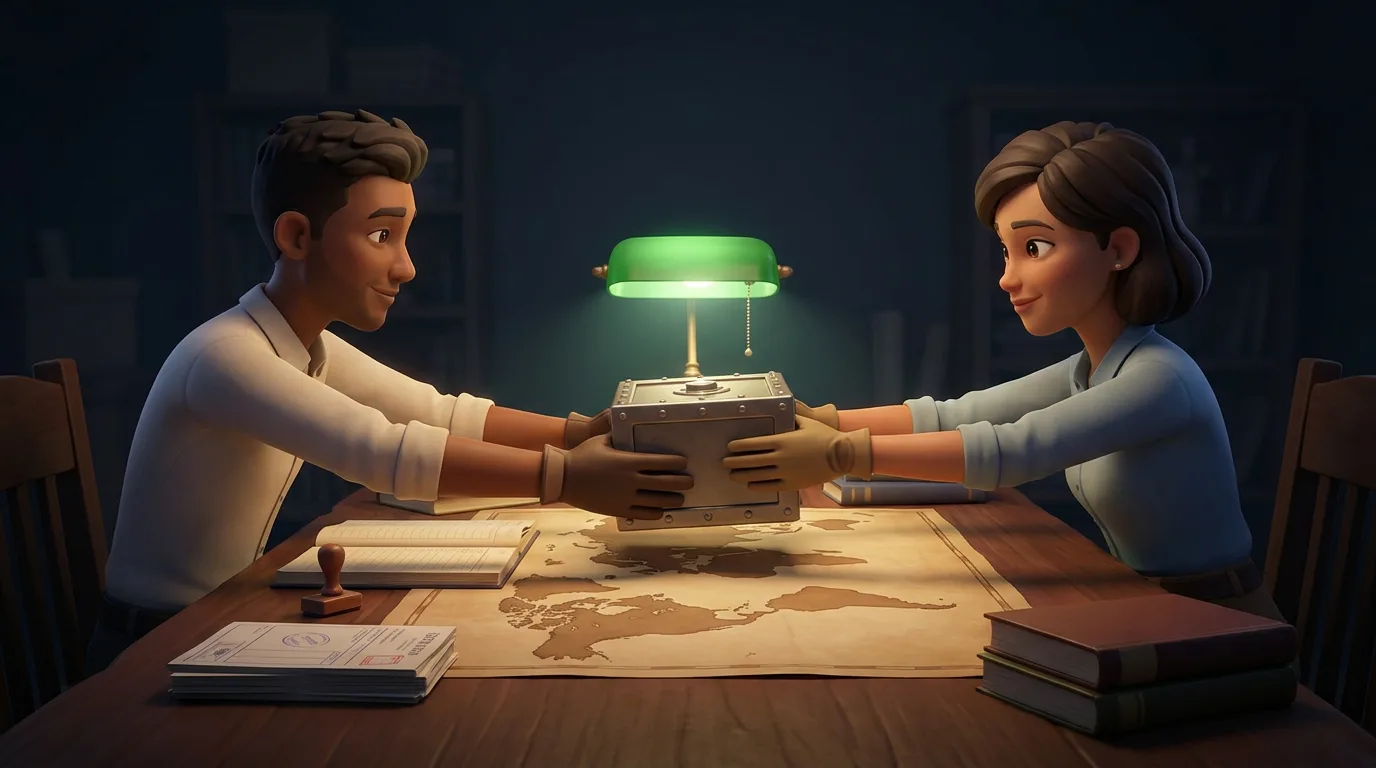 Two people at a table in a dark room passing a single heavy strongbox across a map, a green desk lamp between them.