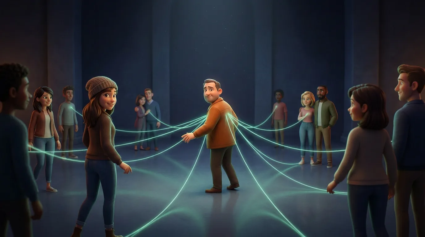 One person at the centre of a dark hall with fine green threads running from them to a dozen people at the edges of the room.