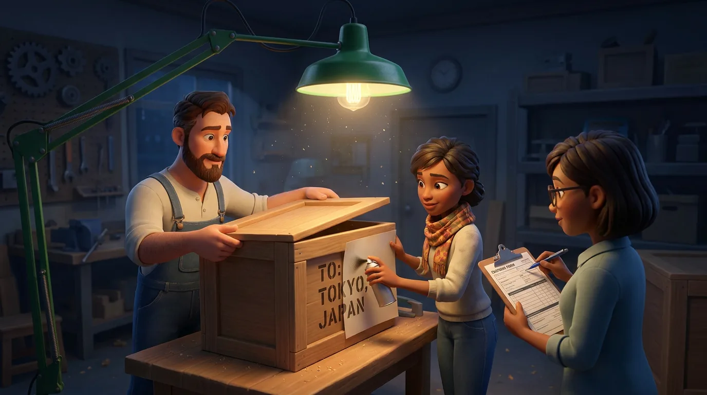 A small workshop late at night, three people packing their first export crate and writing a foreign address on it by lamplight.