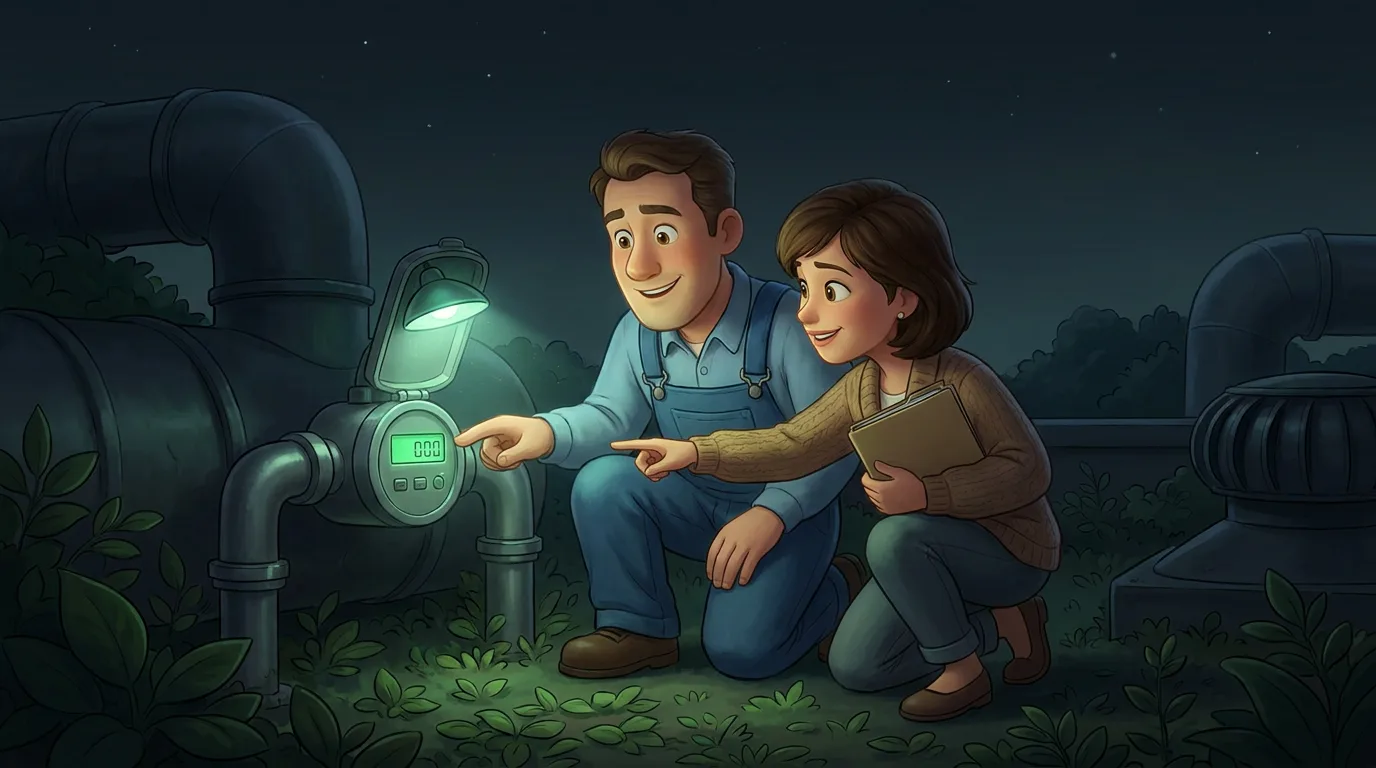 A factory roof at night planted green, an engineer and a finance manager reading the same meter under a green light.
