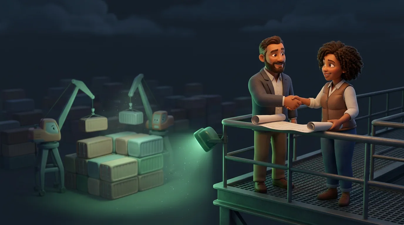 A dark container port at night, two managers on a gantry shaking hands over a manifest while cranes move boxes behind them.