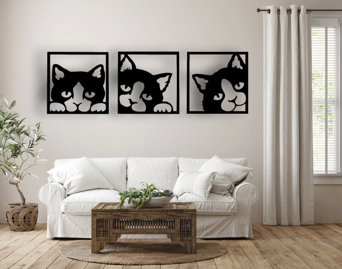 Kit 4 Quadros Gatinhos MDF Vazado Preto - 120x30 cm