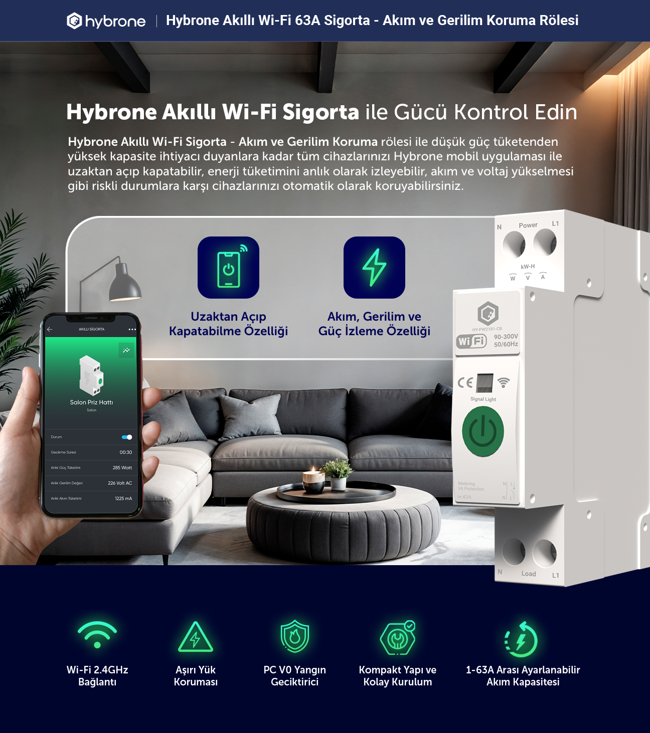 Hybrone Akıllı Wi-Fi 63A Sigorta