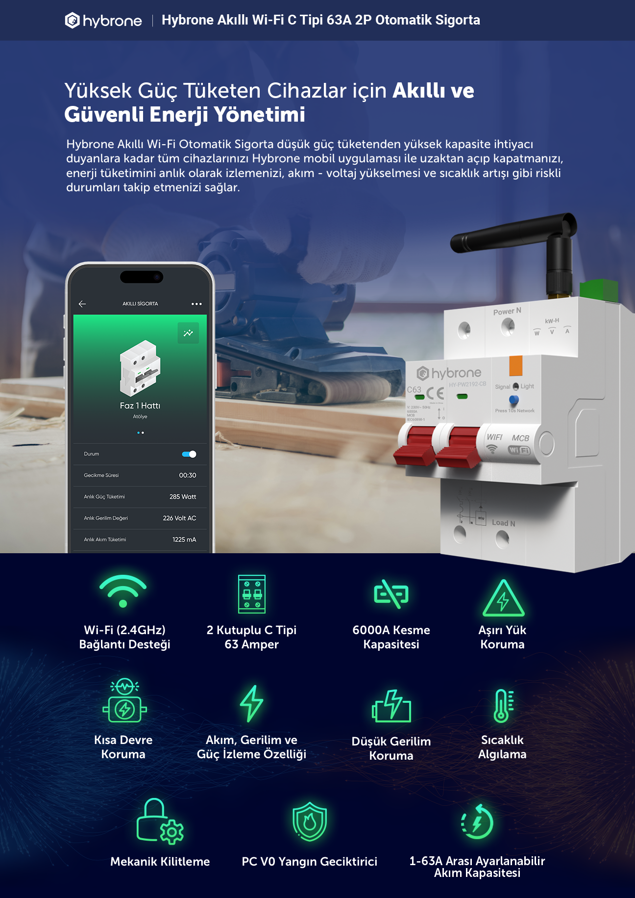 Hybrone Akıllı Wi-Fi 63A Sigorta